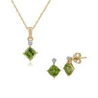 9ct Yellow Gold Peridot & Diamond Stud Earring & 45cm Necklace Set