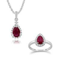 9ct White Gold Ruby & Diamond Cluster 45cm Necklace & Ring Set