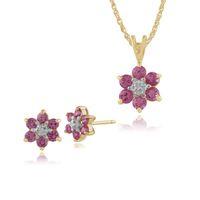 9ct Yellow Gold Pink Sapphire & Diamond Stud Earrings & 45cm Necklace Set