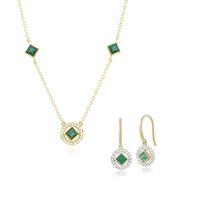 9ct Yellow Gold Emerald & Diamond Drop Earring & 45cm Necklace Set