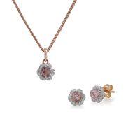 9ct Rose Gold Morganite & Diamond Floral Stud Earring & 45cm Necklace Set
