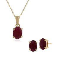 9ct Yellow Gold Ruby Oval Stud Earring & 45cm Necklace Set