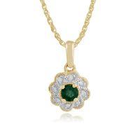 9ct Yellow Gold 0.20ct Emerald & Diamond Floral Pendant on 45cm Chain