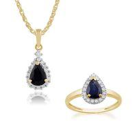 9ct Yellow Gold Sapphire & Diamond Pear Cluster 45cm Necklace & Ring Set