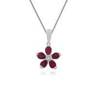 9ct White Gold 1.10ct Ruby & Diamond Floral Pendant on 45cm Chain