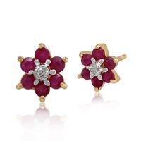 9ct Yellow Gold 0.45ct Ruby & Diamond Floral Cluster Stud Earrings