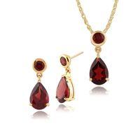 9ct Yellow Gold Mozambique Garnet Two Stone Drop Earrings & 45cm Necklace Set