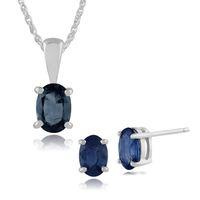 9ct White Gold Blue Sapphire Oval Stud Earrings & 45cm Necklace Set