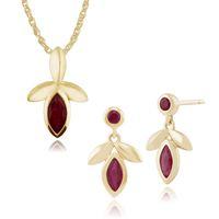 9ct Yellow Gold Ruby Drop Earring & 45cm Necklace Set