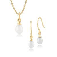 9ct Yellow Gold Freshwater Pearl Drop Earring & 45cm Necklace Set