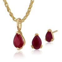 9ct Yellow Gold Genuine Ruby Pear Shaped Stud Earring & Necklace Set