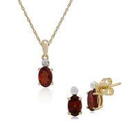 9ct Yellow Gold Garnet & Diamond Oval Stud Earring & 45cm Necklace Set