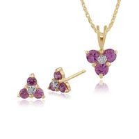 9ct Gold Pink Sapphire & Diamond Cluster Stud Earrings & 45cm Necklace Set
