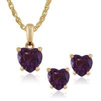 9ct Yellow Gold Claw Set Amethyst Heart Stud Earring & 45cm Necklace Set