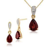 9ct Yellow Gold Mozambique Garnet & Diamond Drop Earrings & 45cm Necklace Set