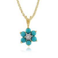 9ct Yellow Gold 0.49ct Floral Turquoise & Diamond Pendant on Chain