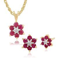 9ct Yellow Gold Ruby & Diamond Floral Cluster Stud Earrings & 45cm Necklace Set