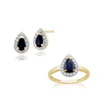 9ct Yellow Gold Sapphire & Diamond Pear Cluster Stud Earring & Ring Set