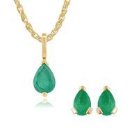 9ct Yellow Gold Emerald Single Stone Pear Stud Earring & 45cm Necklace Set