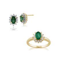 9ct Yellow Gold Emerald & Diamond Oval Cluster Stud Earring & Ring Set