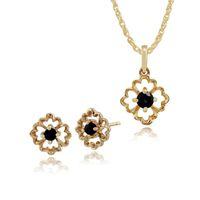 9ct Yellow Gold Floral Sapphire Stud Earrings & 45cm Necklace Set