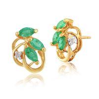9ct Yellow Gold 0.32ct Natural Emerald & Diamond Floral Stud Earrings