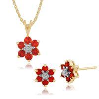9ct Yellow Gold Fire Opal & Diamond Floral Stud Earrings & 45cm Necklace Set