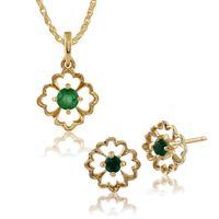9ct Yellow Gold Floral Emerald Stud Earring & 45cm Necklace Set