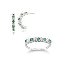9ct White Gold Emerald & Diamond Half Hoop Earring & Ring Set
