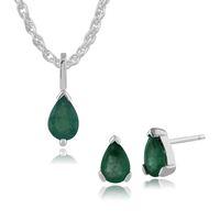 9ct White Gold Emerald Pear Stud Earring & 45cm Necklace Set