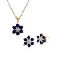 9ct Yellow Gold Lapis Lazuli & Diamond Floral Stud Earring & 45cm Necklace Set