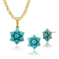 9ct Yellow Gold Genuine Turquoise Cabochon Cluster Stud Earring & Necklace Set