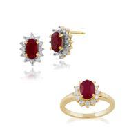 9ct Yellow Gold Ruby & Diamond Cluster Stud Earring & Ring Set