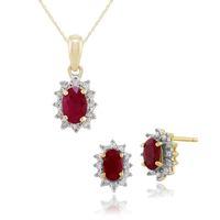 9ct Yellow Gold Ruby & Diamond Cluster Stud Earring & 45cm Necklace Set