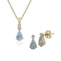 9ct Yellow Gold Blue Topaz & Diamond Pear Stud Earring & 45cm Necklace Set