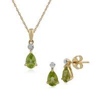9ct Yellow Gold Peridot & Diamond Pear Stud Earring & 45cm Necklace Set