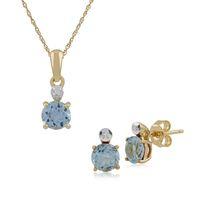 9ct Yellow Gold Blue Topaz & Diamond Round Stud Earring & 45cm Necklace Set