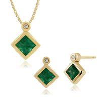 9ct Yellow Gold Emerald & Diamond Stud Earring 45cm Necklace Set