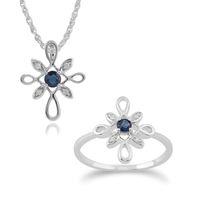 9ct White Gold Sapphire & Diamond Star Shaped 45cm Necklace & Ring Set