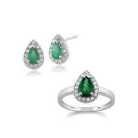 9ct White Gold Emerald & Diamond Pear Cluster Stud Earring & Ring Set