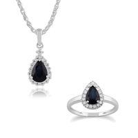 9ct White Gold Sapphire & Diamond Pear Cluster 45cm Necklace & Ring Set