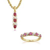 9ct Yellow Gold Ruby & Diamond Art Nouveau 45cm Necklace & Ring Set
