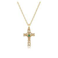 9ct yellow gold 010ct emerald set claddagh cross pendant on 45cm chain