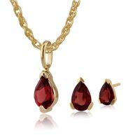 9ct Yellow Gold Genuine Garnet Pear Shaped Claw Set Earring & Necklace Set