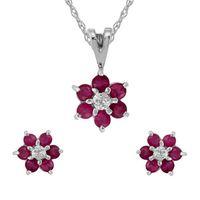 9ct White Gold Ruby & Diamond Cluster Stud Earrings & 45cm Necklace Set