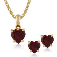 9ct Yellow Gold 4 Claw Set Garnet Heart Stud Earring & 45cm Necklace Set