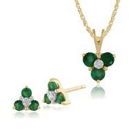 9ct Yellow Gold Emerald & Diamond Floral Stud Earrings & 45cm Necklace Set