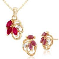 9ct Yellow Gold Ruby & Diamond Floral Stud Earrings & 45cm Necklace Set