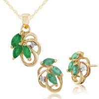 9ct Yellow Gold Emerald & Diamond Floral Stud Earrings & 45cm Necklace Set