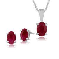 9ct White Gold Genuine Ruby 4 Claw Set Oval Stud Earrings & 45cm Necklace Set